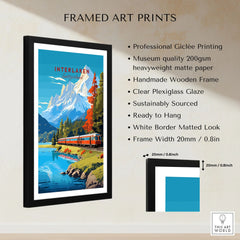 Interlaken Print Switzerland framed print specifications: handmade wooden frame, clear plexiglass glaze, 20mm frame width, ready to hang