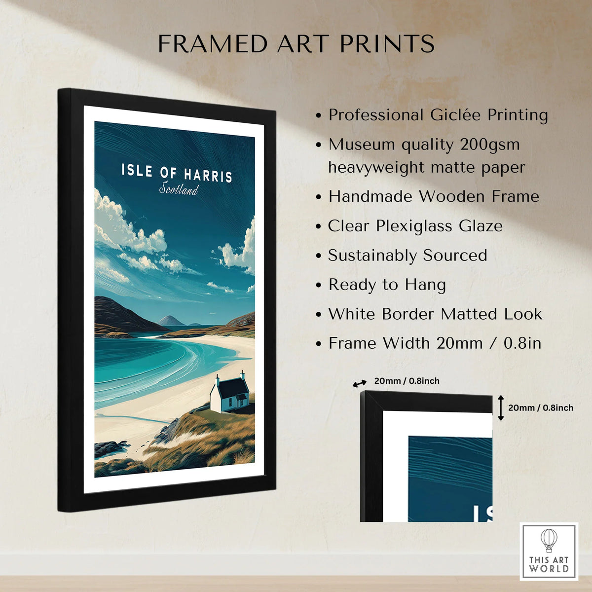 Isle of Harris Scotland Beach House Seascape Poster - Remote Scottish Isle Print framed print specifications: handmade wooden frame, clear plexiglass glaze, 20mm frame width, ready to hang