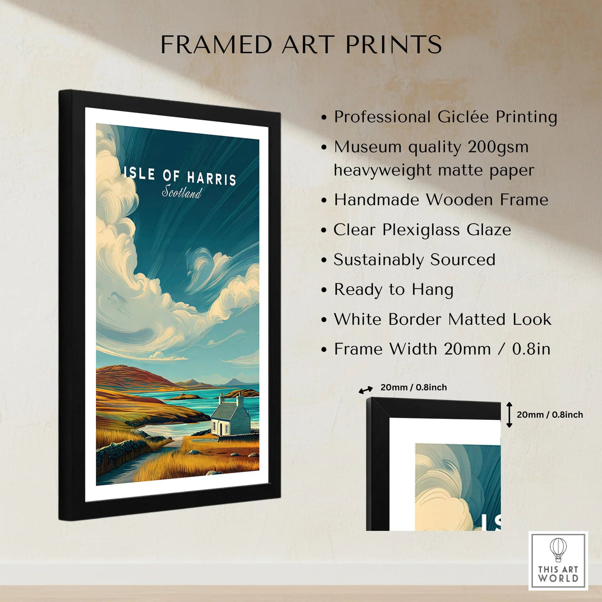 Isle of Harris Print Scotland Coastal Cottage Landscape - Rolling Hills Wall Art framed print specifications: handmade wooden frame, clear plexiglass glaze, 20mm frame width, ready to hang