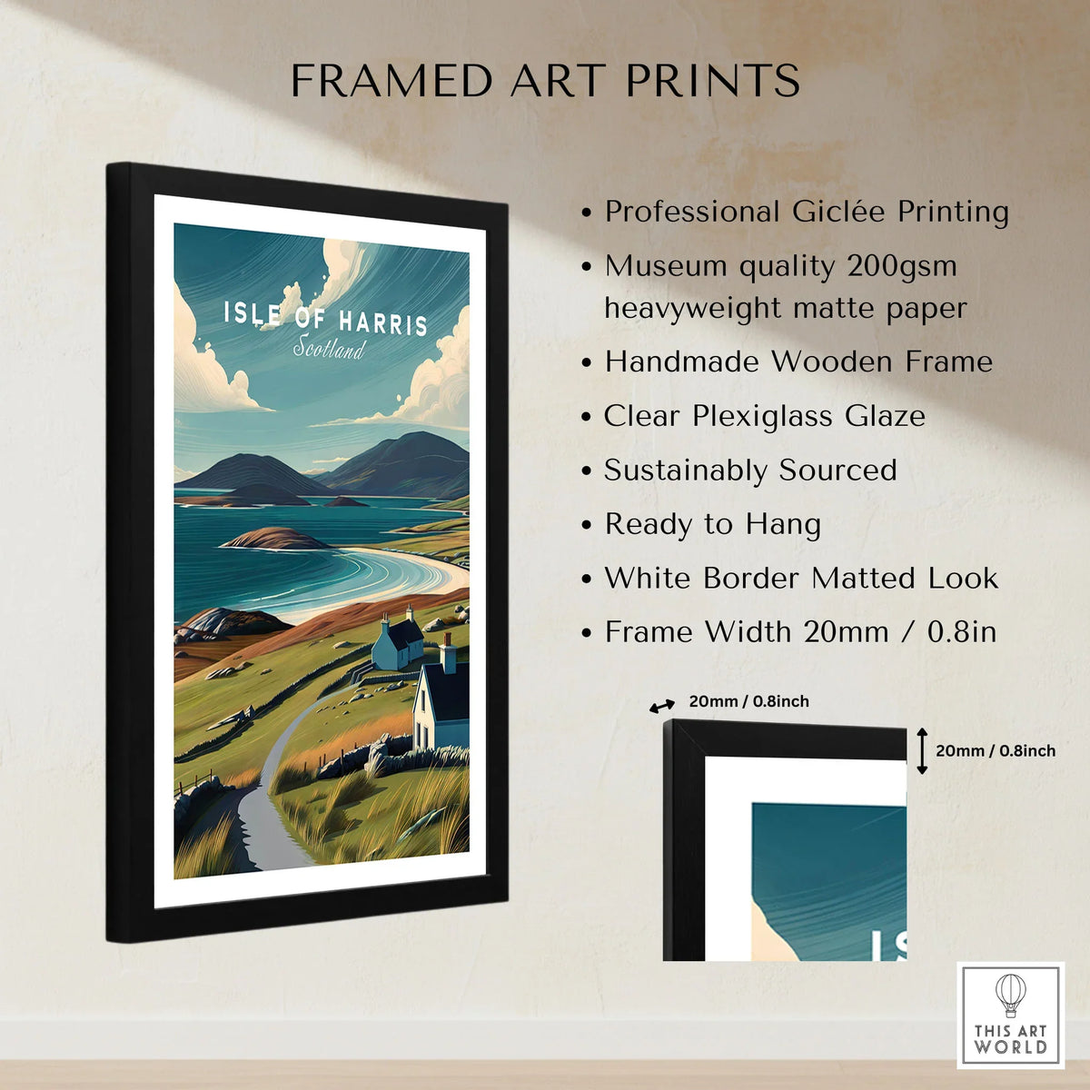 Isle of Harris Scotland Beach Print - Scenic Coastal Wall Art framed print specifications: handmade wooden frame, clear plexiglass glaze, 20mm frame width, ready to hang