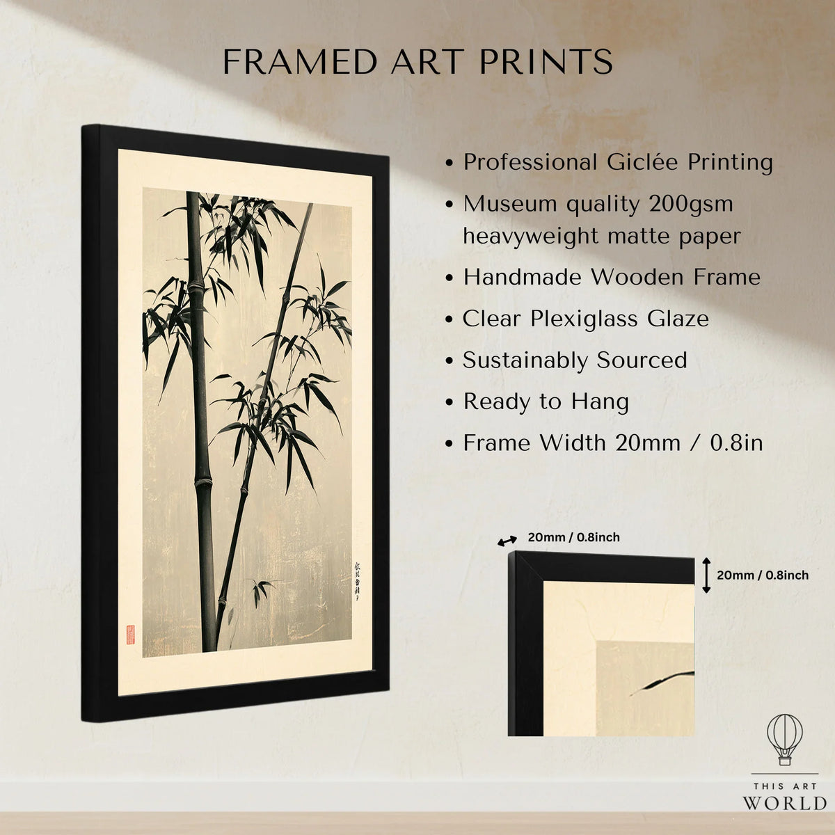 Black Bamboo Art Print – Japanese Ink Wall Art — framed print details measurements quality details
