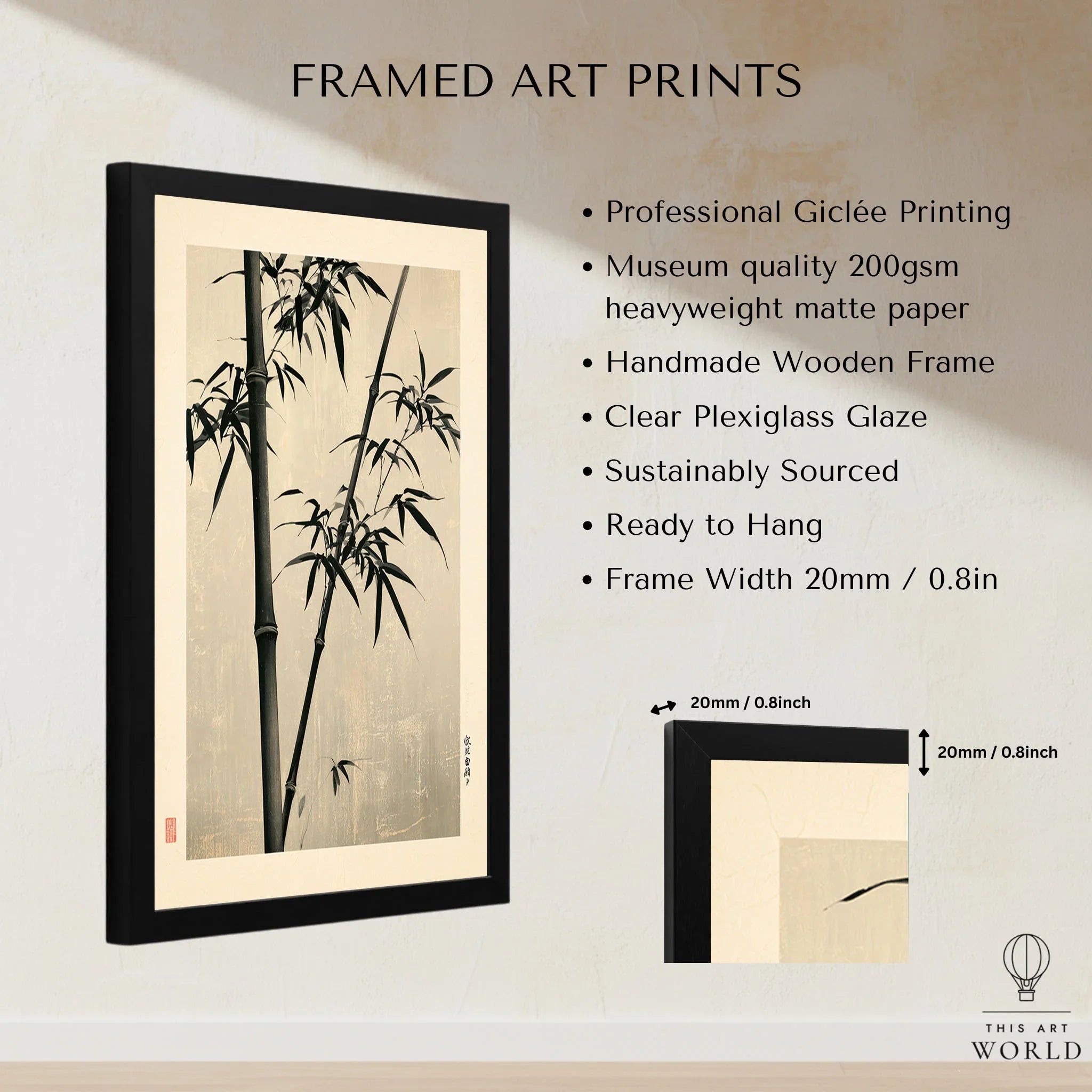 Black Bamboo Art Print – Japanese Ink Wall Art — framed print details measurements quality details