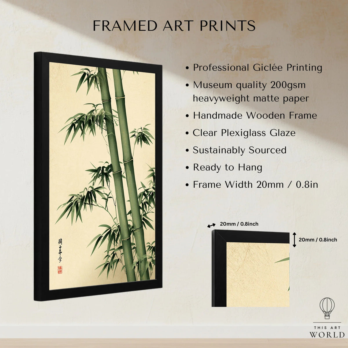 Bamboo Art Print – Green Japanese Botanical Wall Art — framed print details measurements quality details