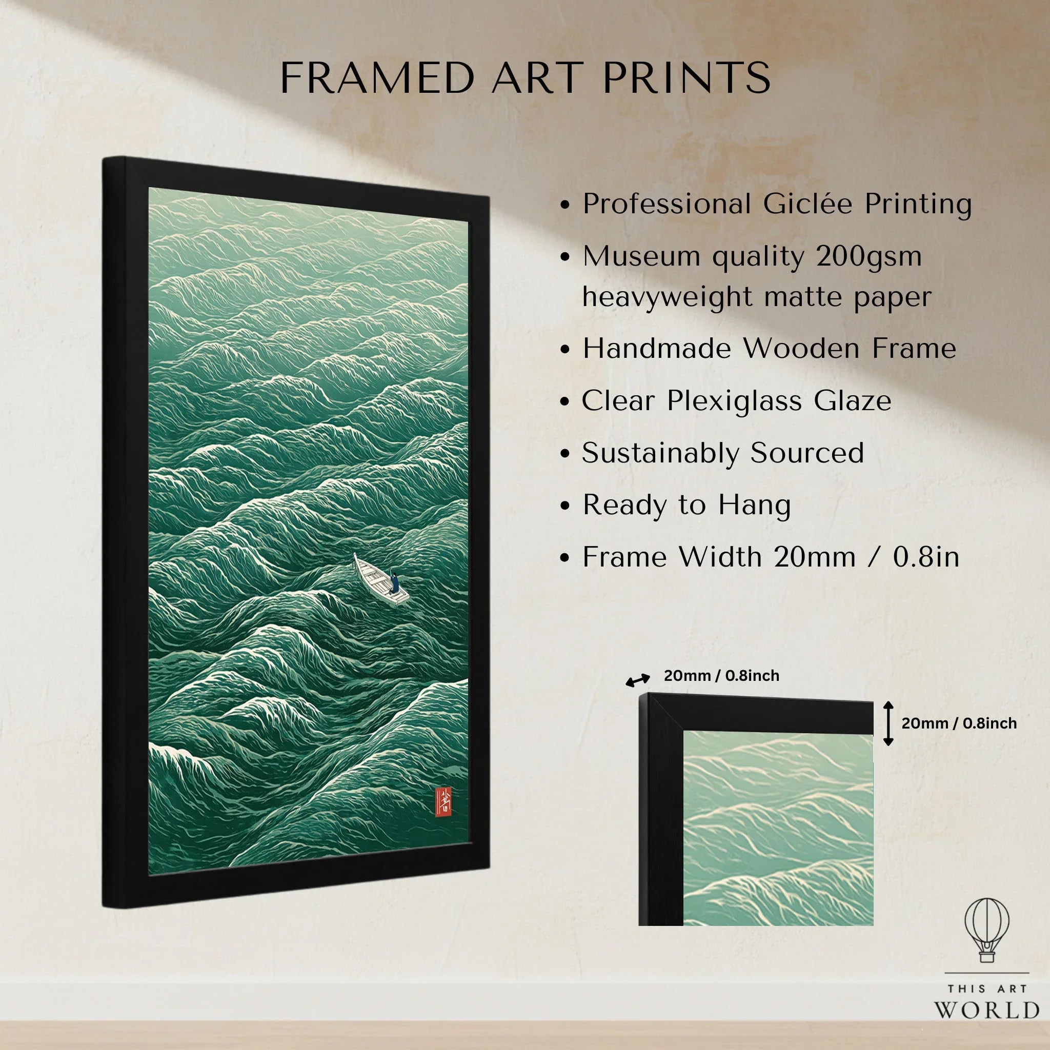 Lone Boat Art Print – Japanese Ocean Wall Art — framed print details measurements quality details