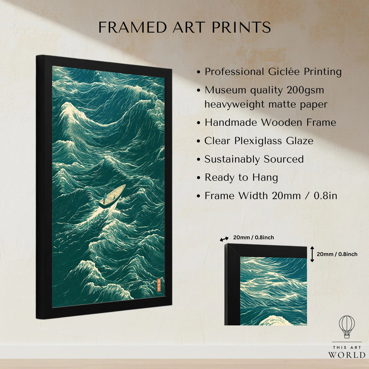 Fishing Boat Wall Art – Vintage Japanese Ocean Print — framed print details measurements quality details