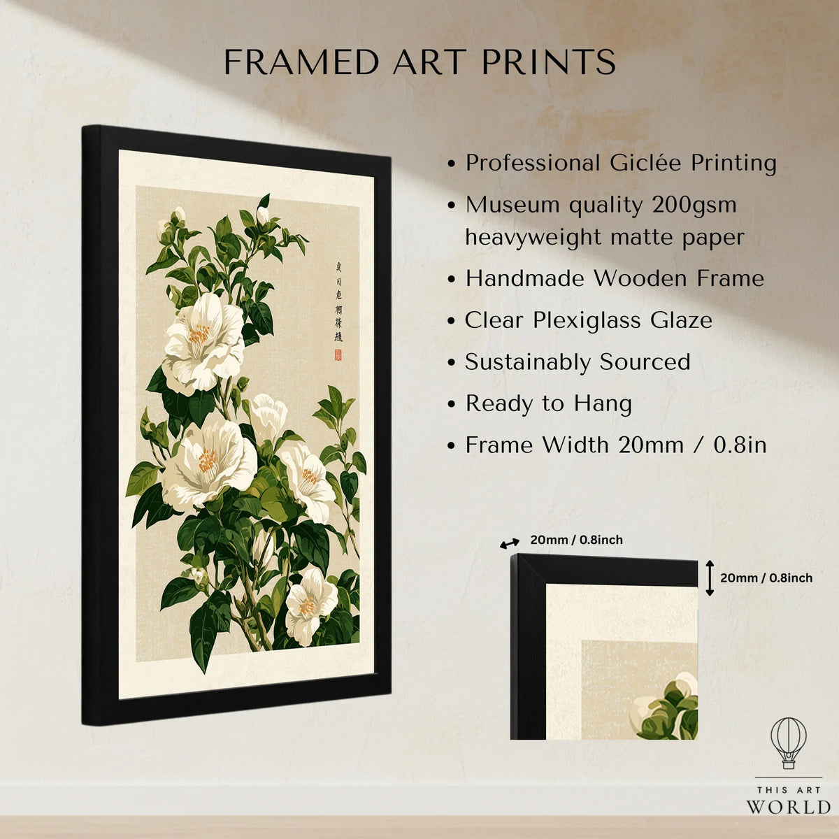 White Camellia Art Print – Vintage Japanese Botanical Wall Art — framed print details measurements quality details