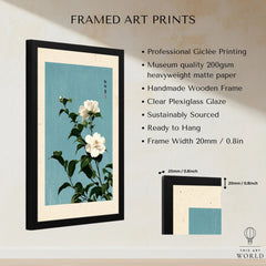 Camellia Wall Art – Blue Japanese Botanical Print — framed print details measurements quality details