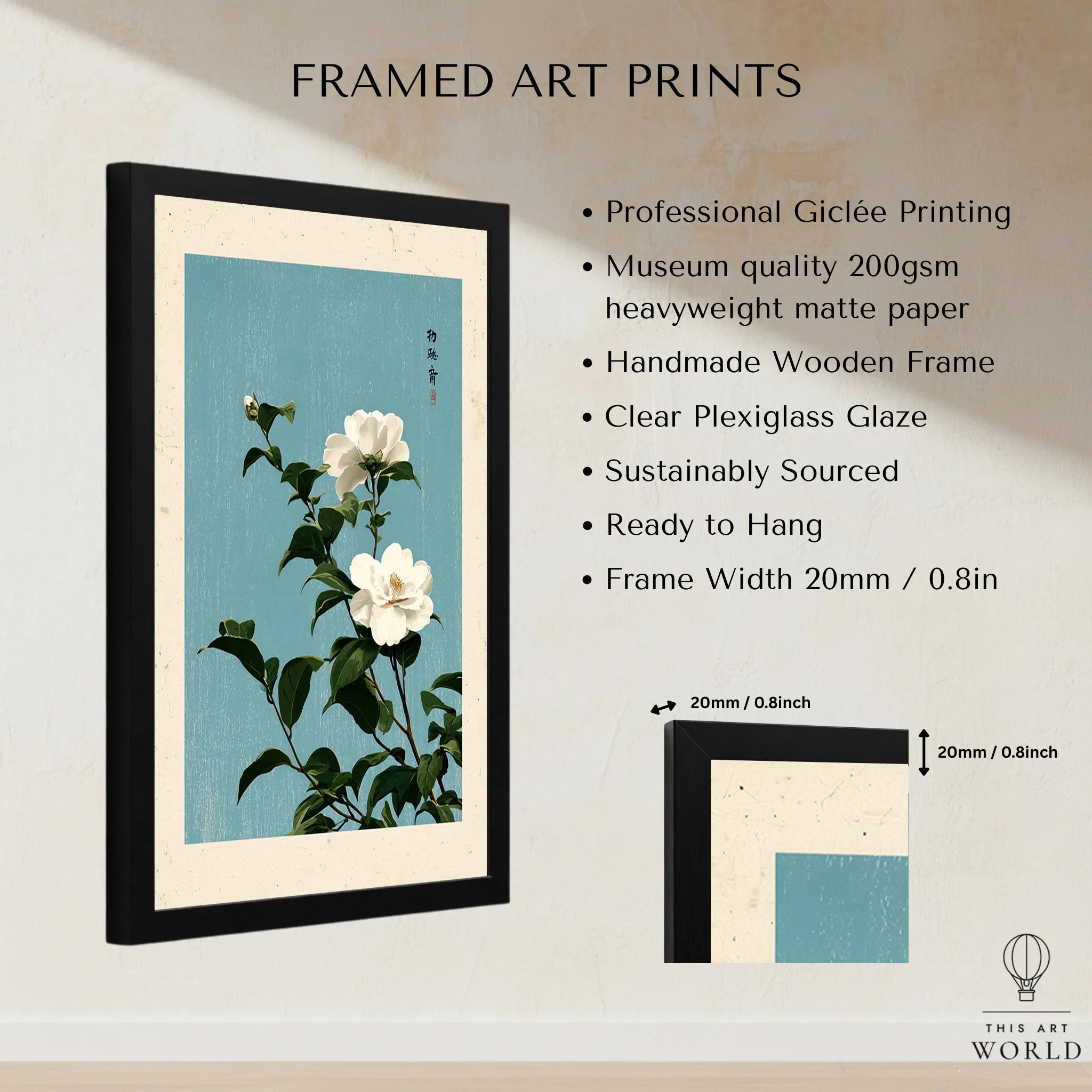 Camellia Wall Art – Blue Japanese Botanical Print — framed print details measurements quality details