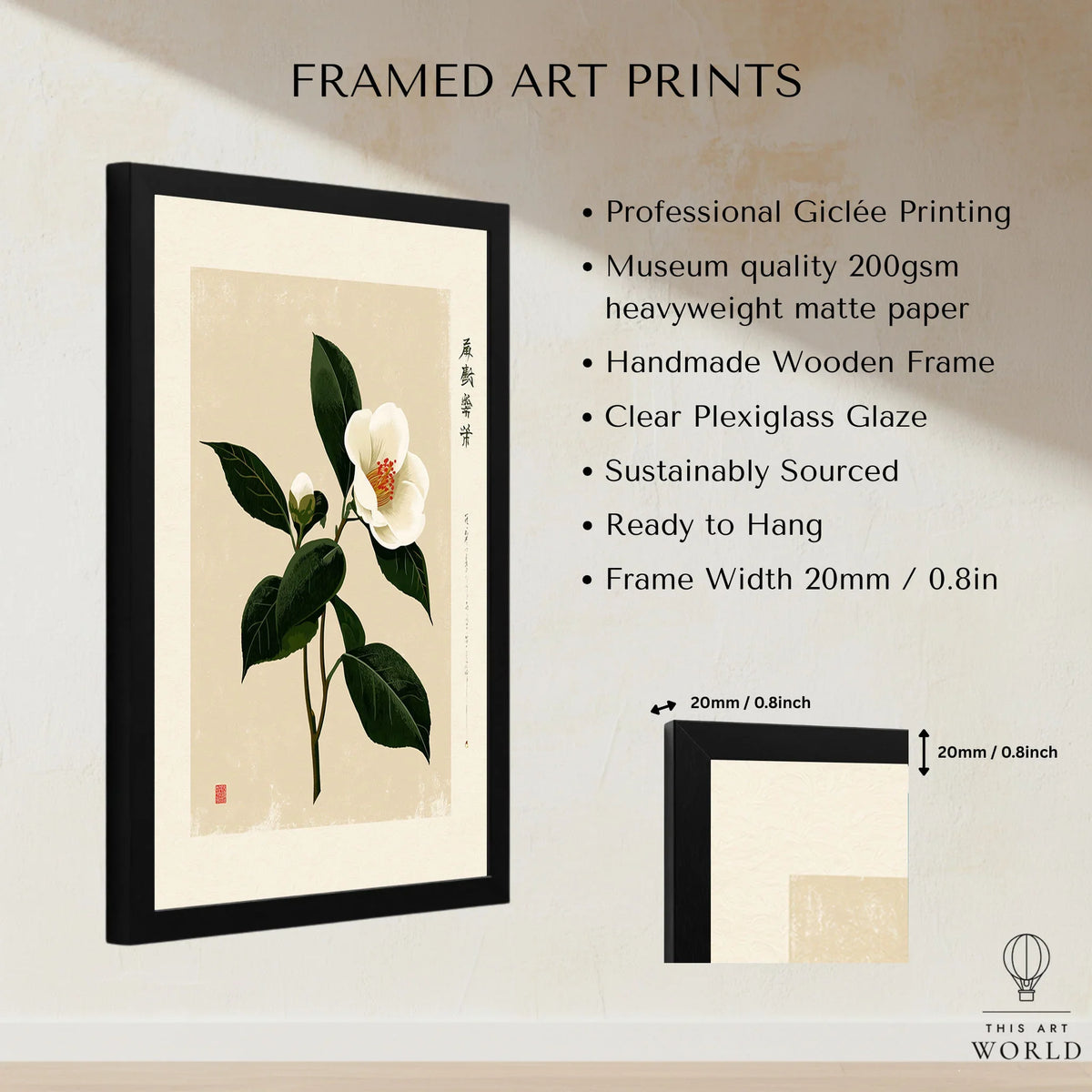 White Camellia Wall Art – Minimalist Japanese Botanical Print — framed print details measurements quality details