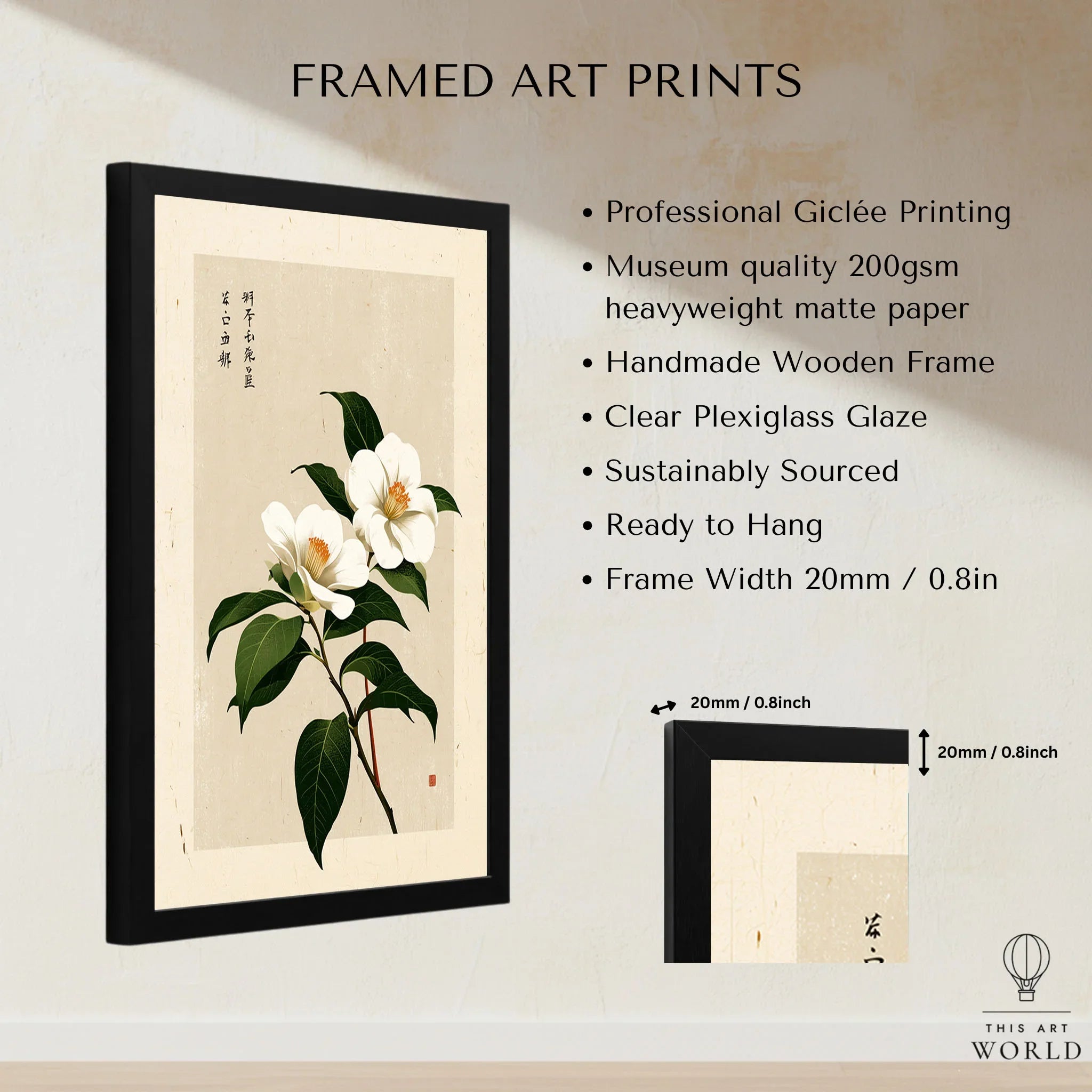 Camellia Art Print – Vintage Japanese Flower Wall Art — framed print details measurements quality details