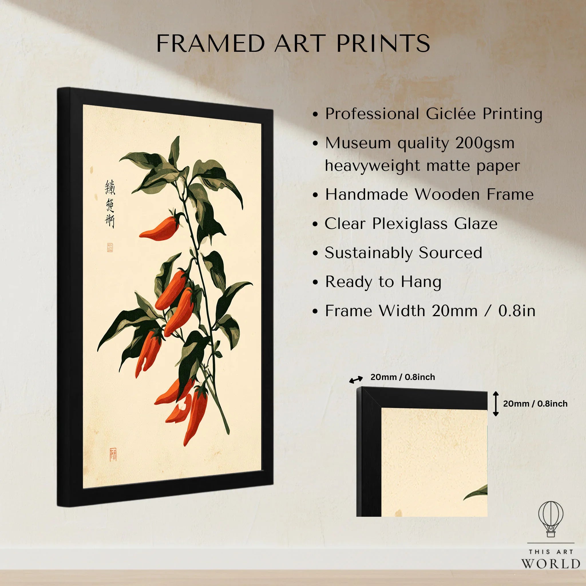 Red Chilli Art Print – Japanese Botanical Kitchen Wall Art — framed print details measurements quality details