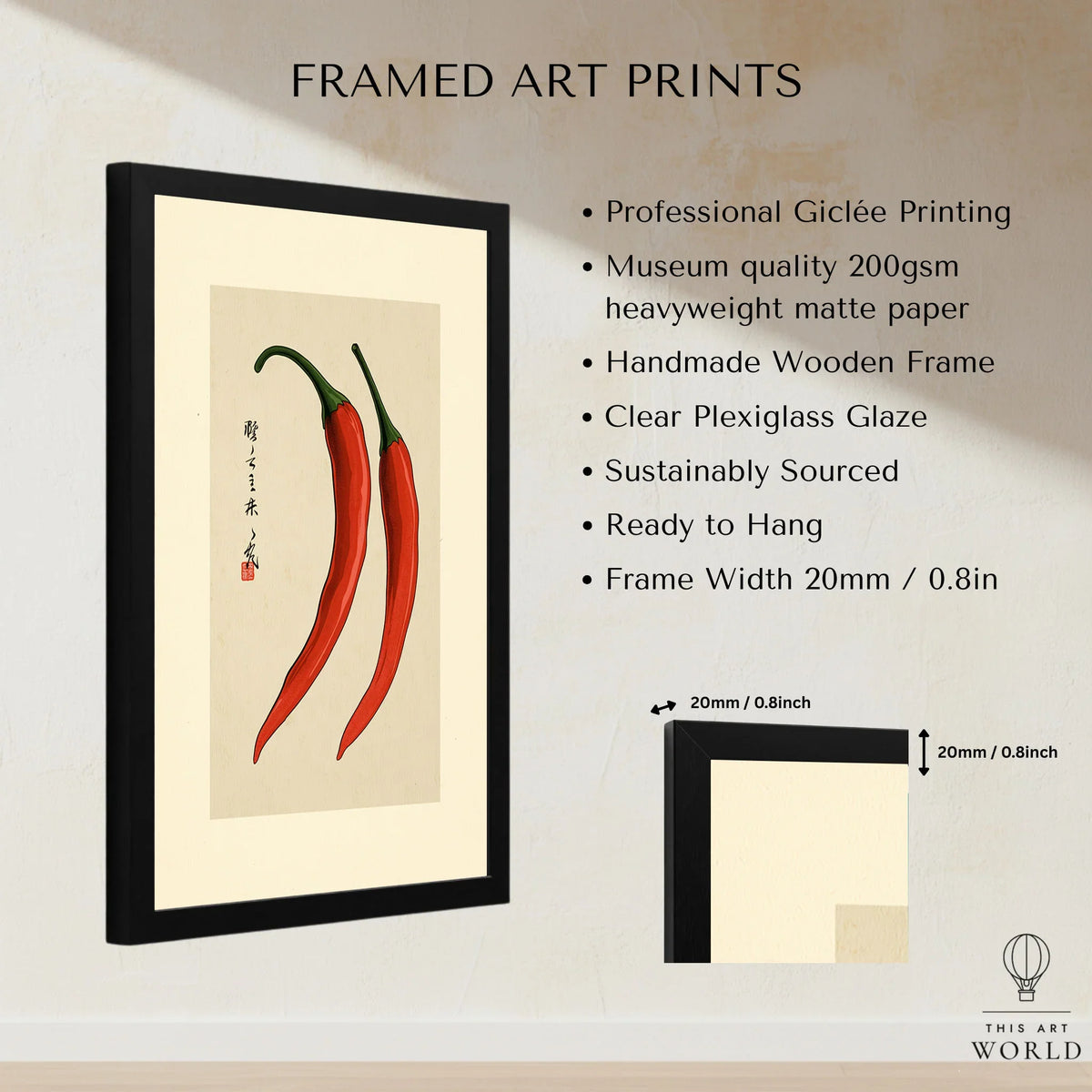 Chilli Pepper Wall Art – Minimalist Japanese Kitchen Print — framed print details measurements quality details