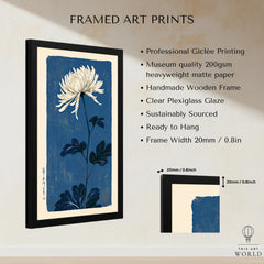 Chrysanthemum Art Print – Blue Japanese Botanical Wall Art — framed print details measurements quality details