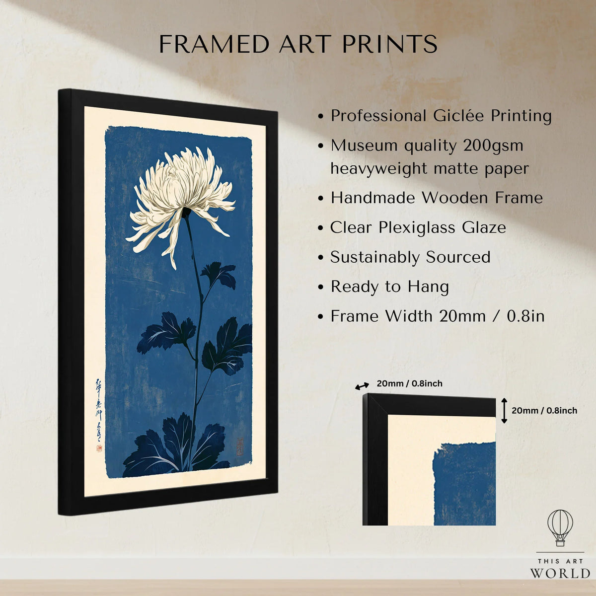 Chrysanthemum Art Print – Blue Japanese Botanical Wall Art — framed print details measurements quality details