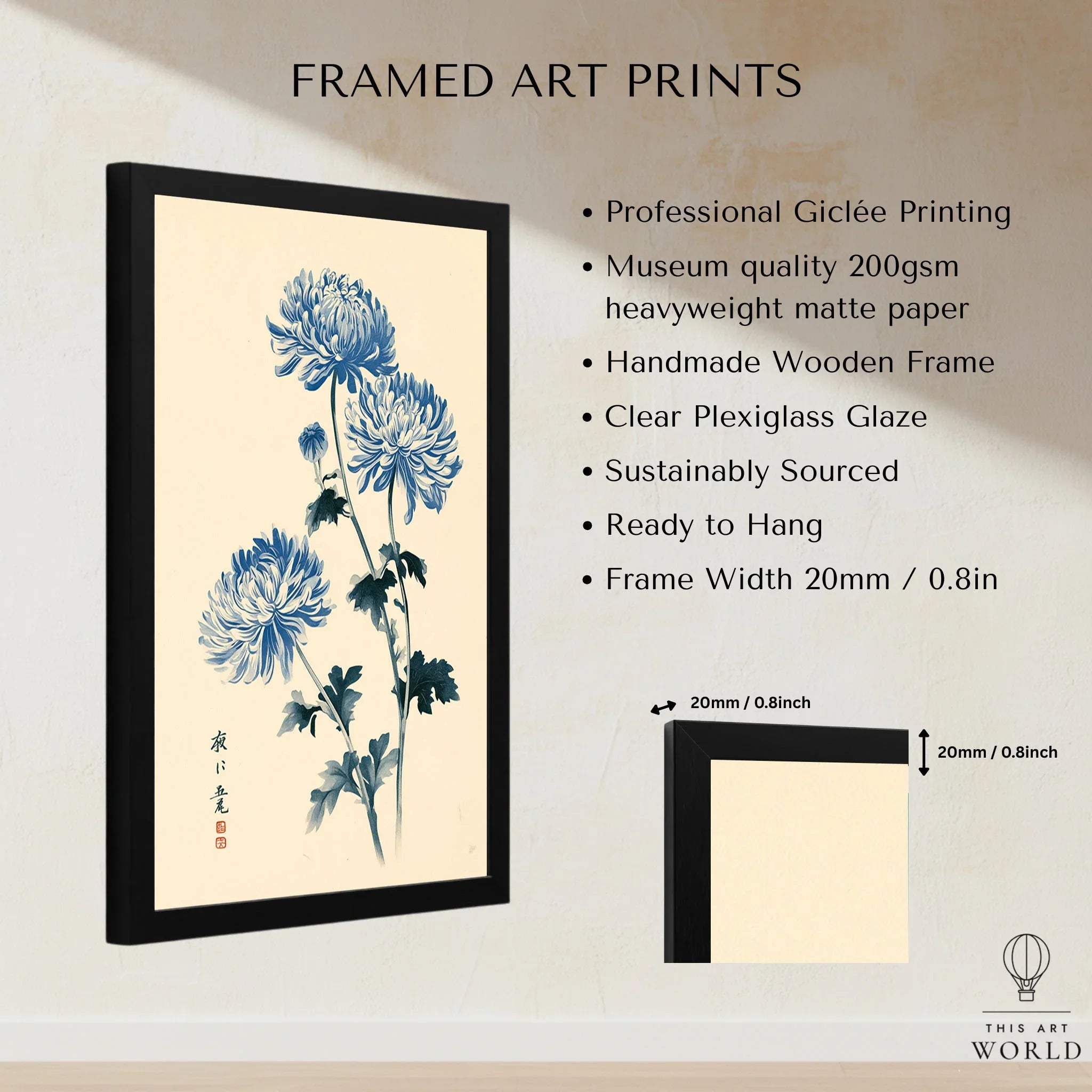 Blue Chrysanthemum Art Print – Japanese Botanical Wall Art — framed print details measurements quality details