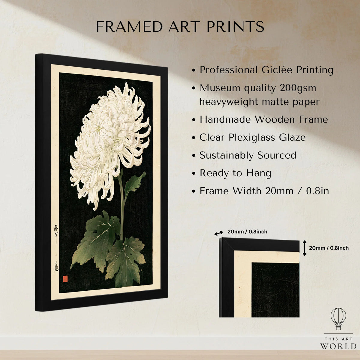 White Chrysanthemum Wall Art – Black Japanese Botanical Print — framed print details measurements quality details