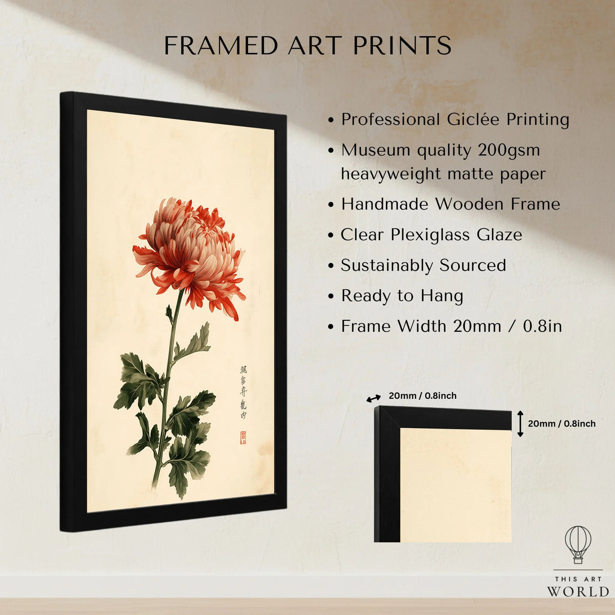 Red Chrysanthemum Art Print – Vintage Japanese Flower Wall Art — framed print details measurements quality details