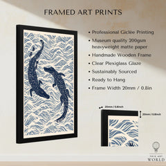 Crocodile Art Print – Blue Japanese Woodblock Wall Art — framed print details measurements quality details