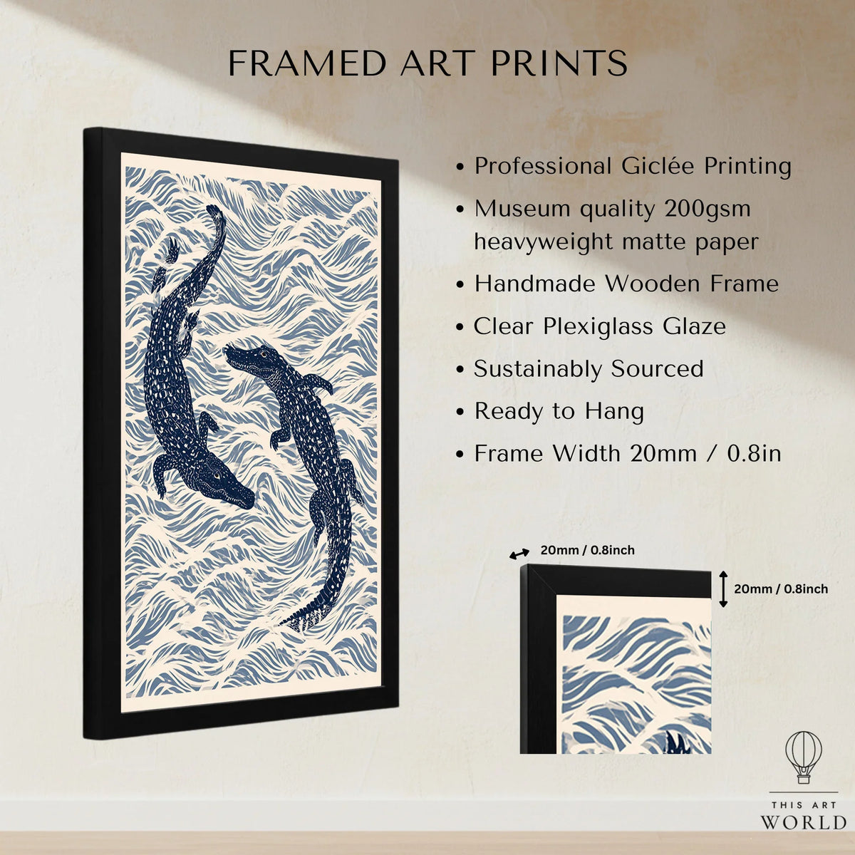 Crocodile Art Print – Blue Japanese Woodblock Wall Art — framed print details measurements quality details
