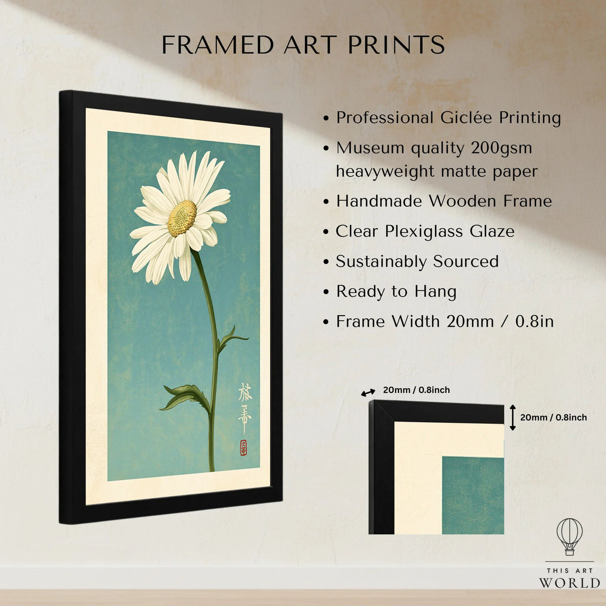 Daisy Art Print – Blue Japanese Botanical Wall Art — framed print details measurements quality details