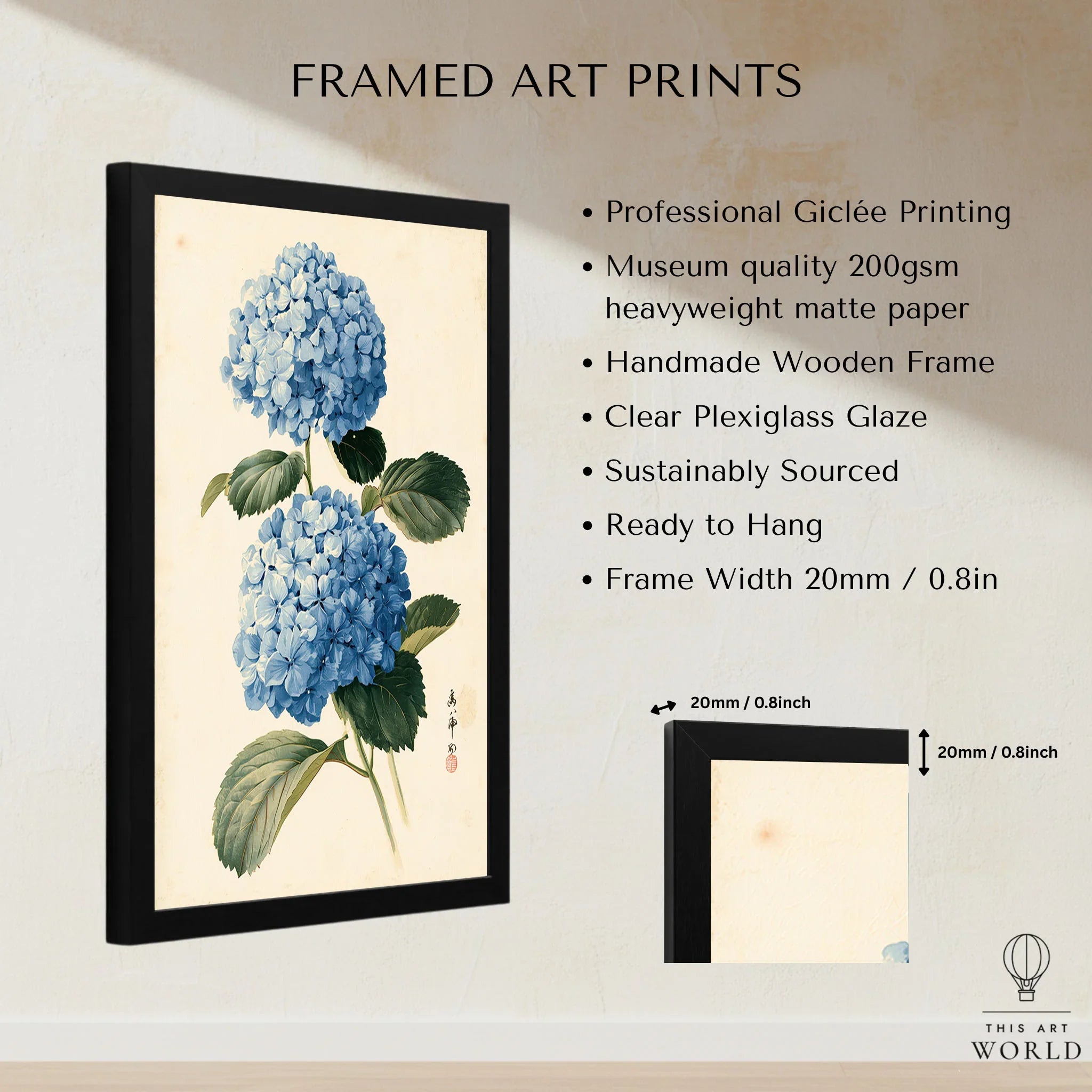 Blue Hydrangea Art Print – Japanese Botanical Wall Art — framed print details measurements quality details