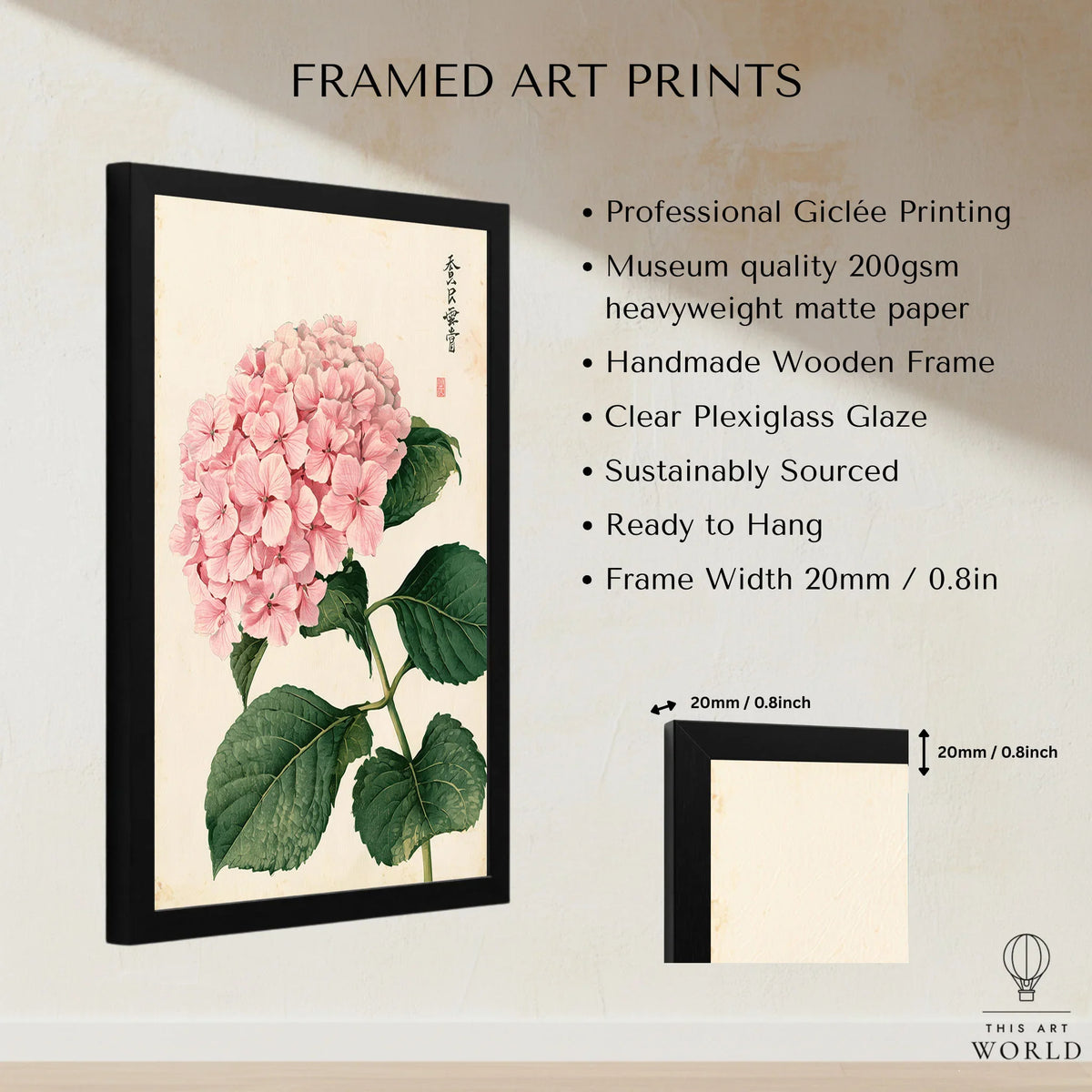 Pink Hydrangea Art Print – Vintage Japanese Botanical Wall Art — framed print details measurements quality details