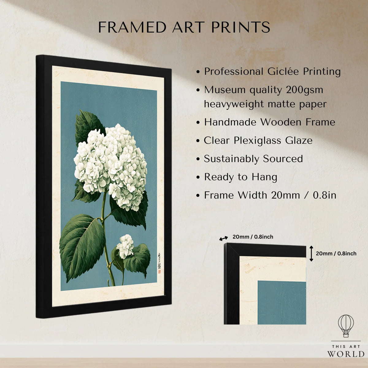 White Hydrangea Wall Art – Blue Japanese Botanical Print — framed print details measurements quality details