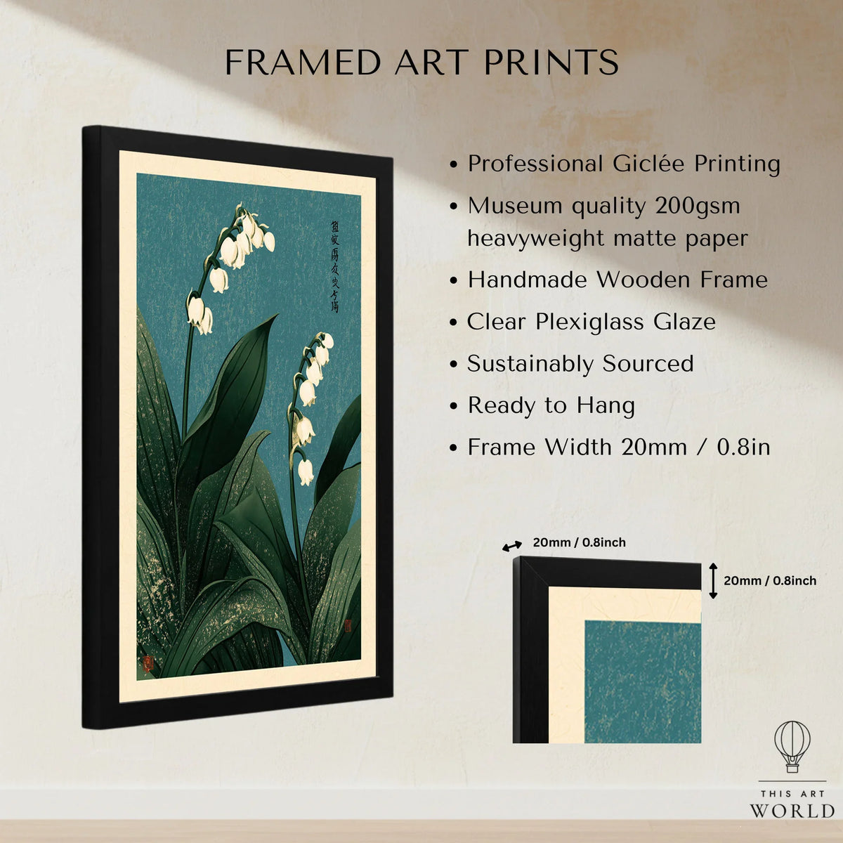 Lily of the Valley Wall Art – Vintage Japanese Botanical Print — framed print details measurements quality details