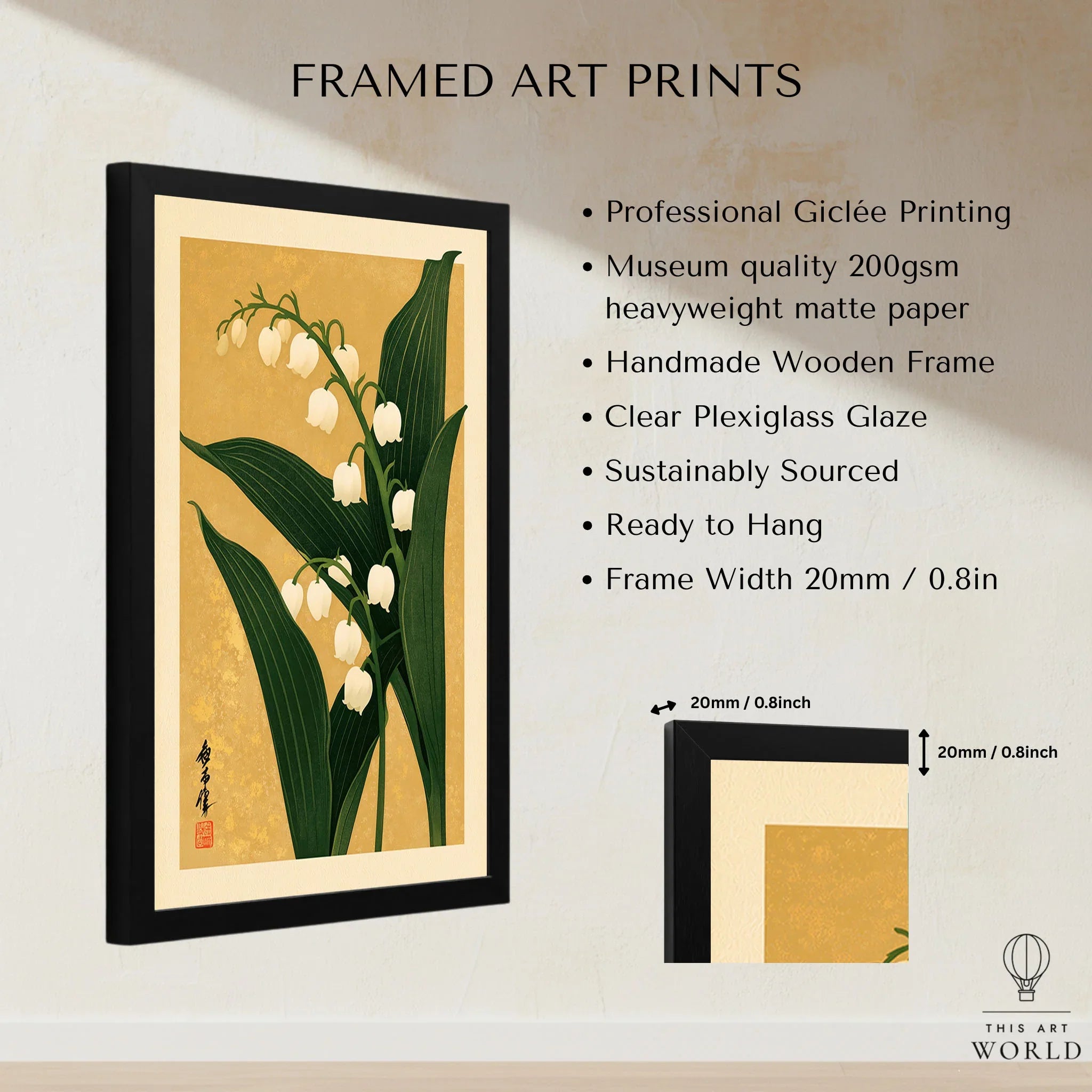 Lily of the Valley Print – Gold Japanese Botanical Wall Art — framed print details measurements quality details