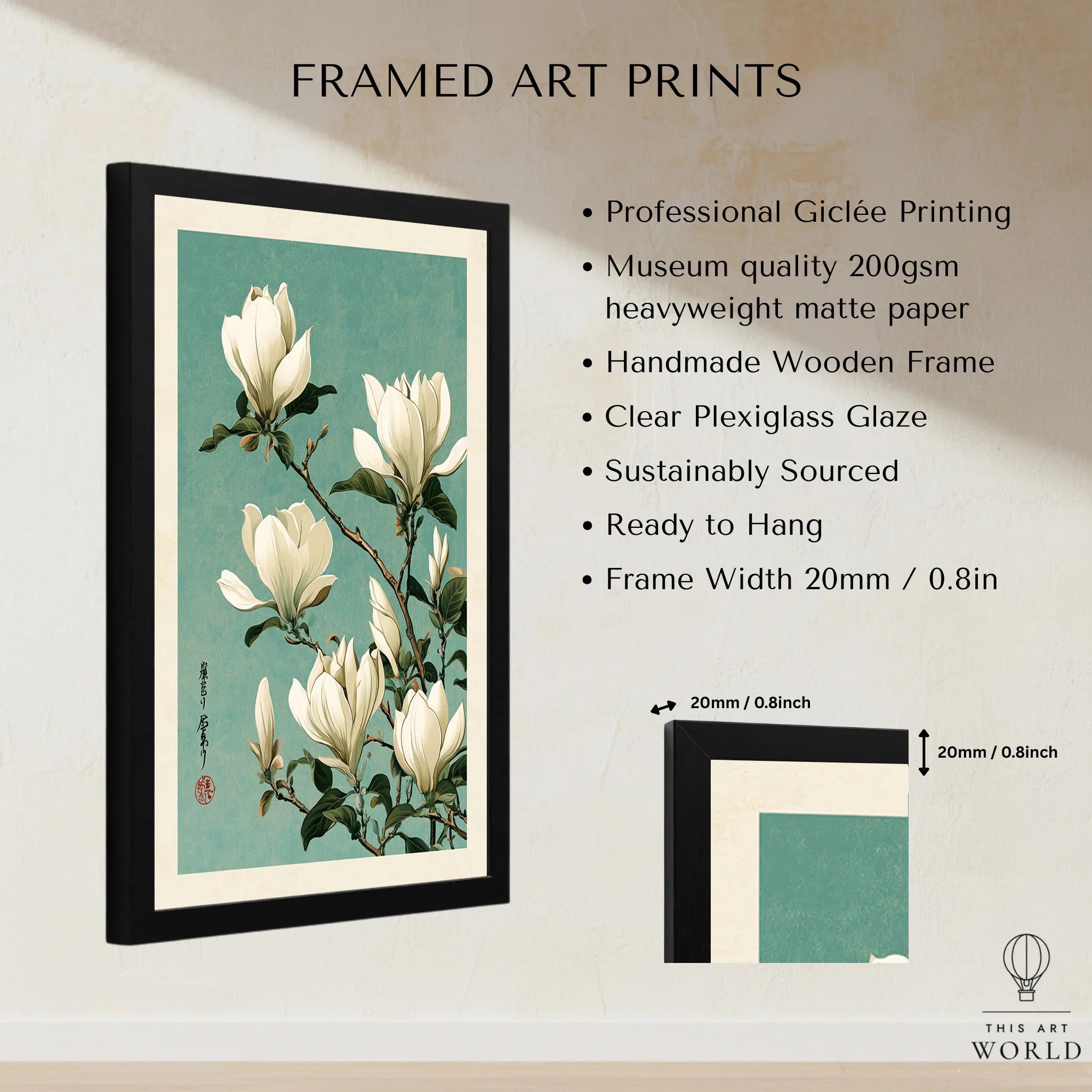 Magnolia Art Print – Blue Japanese Botanical Wall Art — framed print details measurements quality details