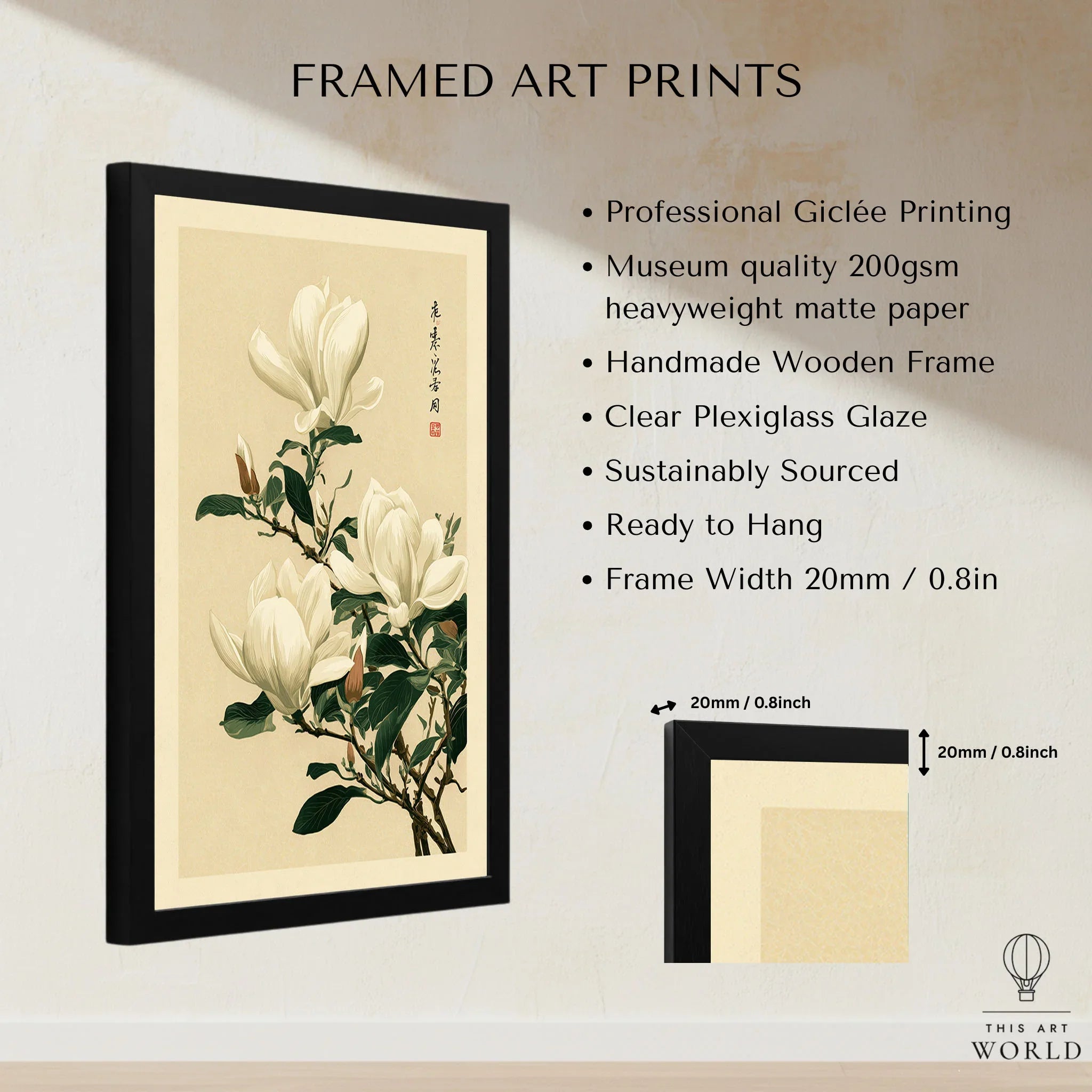 Magnolia Wall Art – Vintage Japanese Botanical Print — framed print details measurements quality details
