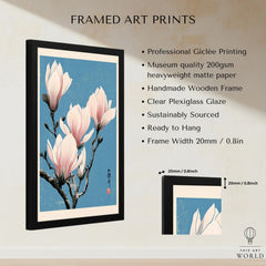Pink Magnolia Art Print – Blue Japanese Botanical Wall Art — framed print details measurements quality details