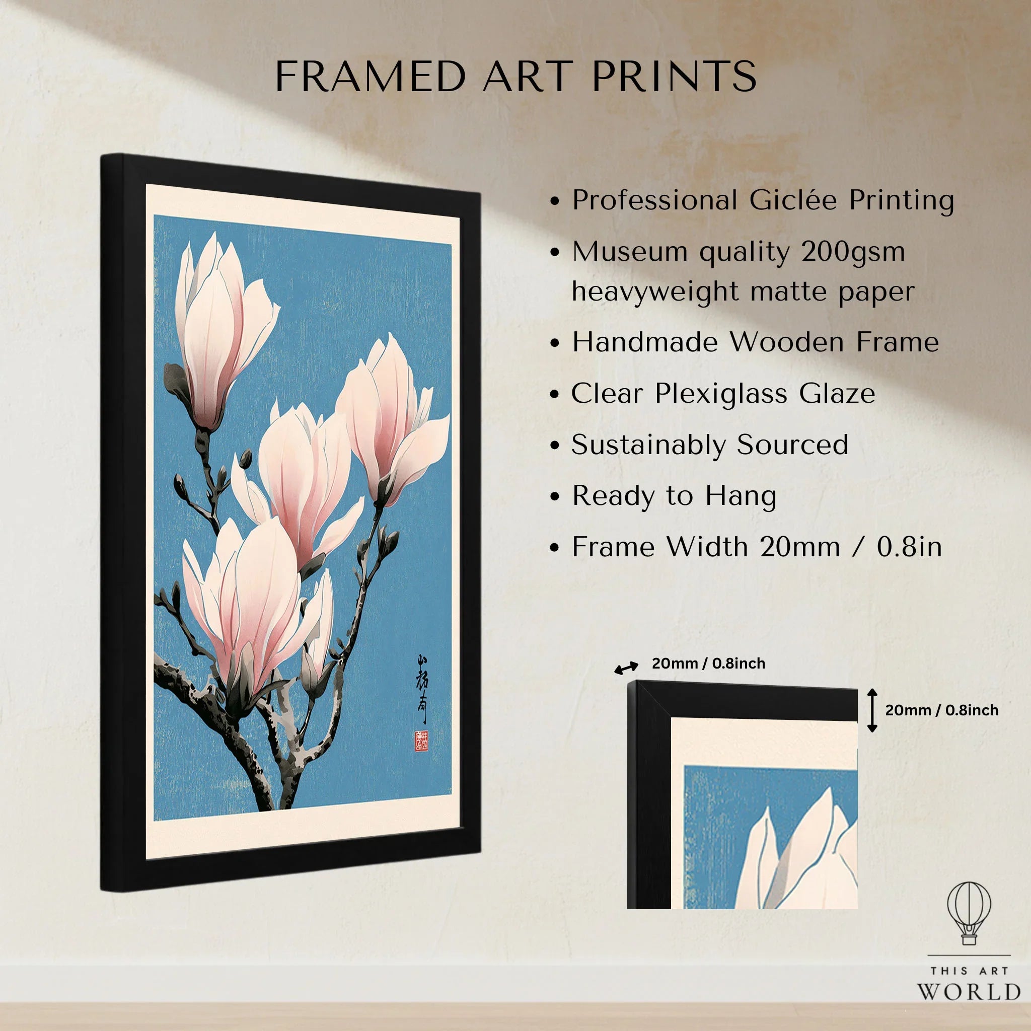 Pink Magnolia Art Print – Blue Japanese Botanical Wall Art — framed print details measurements quality details