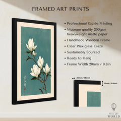 White Magnolia Art Print – Teal Japanese Botanical Wall Art — framed print details measurements quality details