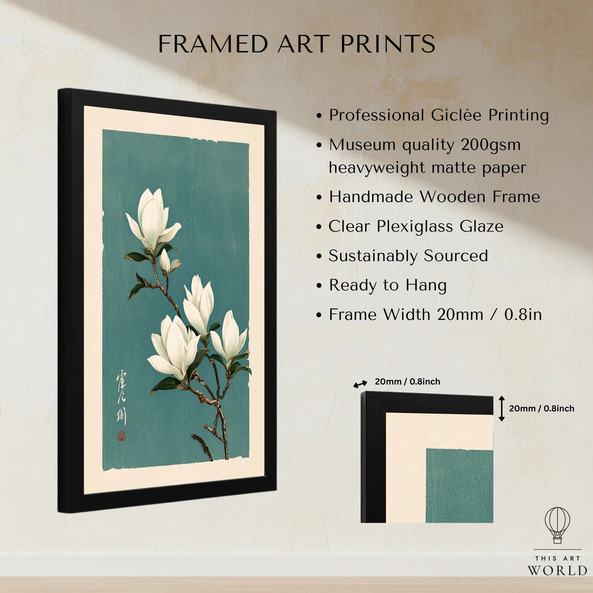 White Magnolia Art Print – Teal Japanese Botanical Wall Art — framed print details measurements quality details