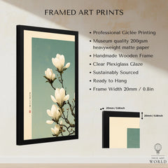 Magnolia Blossom Art Print – Soft Japanese Botanical Wall Art — framed print details measurements quality details