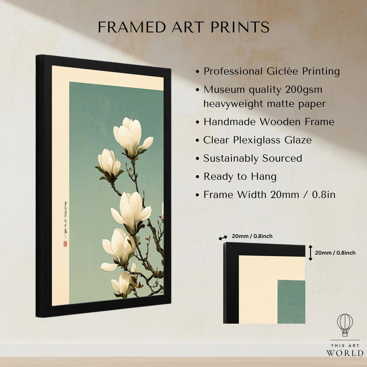 Magnolia Blossom Art Print – Soft Japanese Botanical Wall Art — framed print details measurements quality details