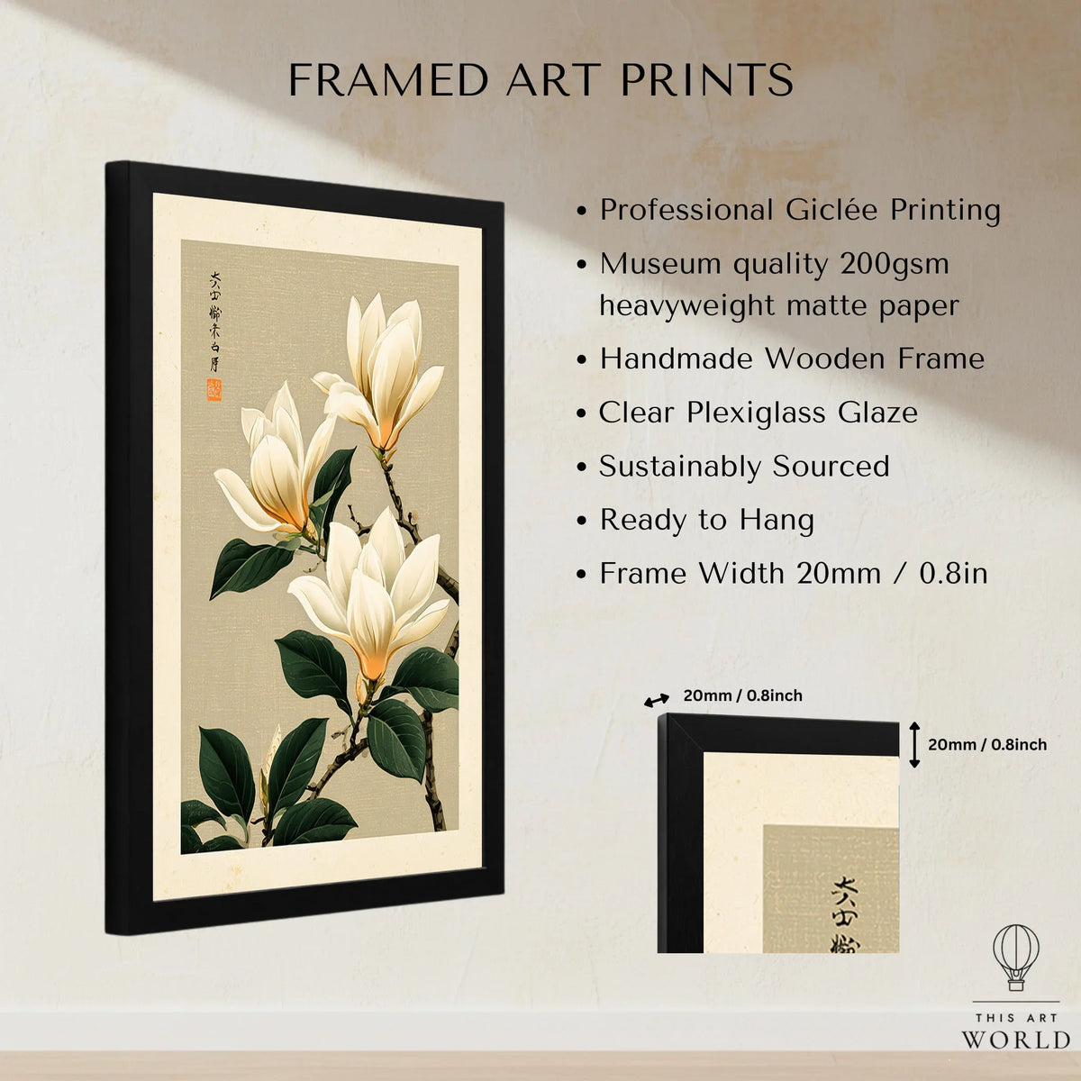 Magnolia Flower Wall Art – Neutral Japanese Botanical Print — framed print details measurements quality details