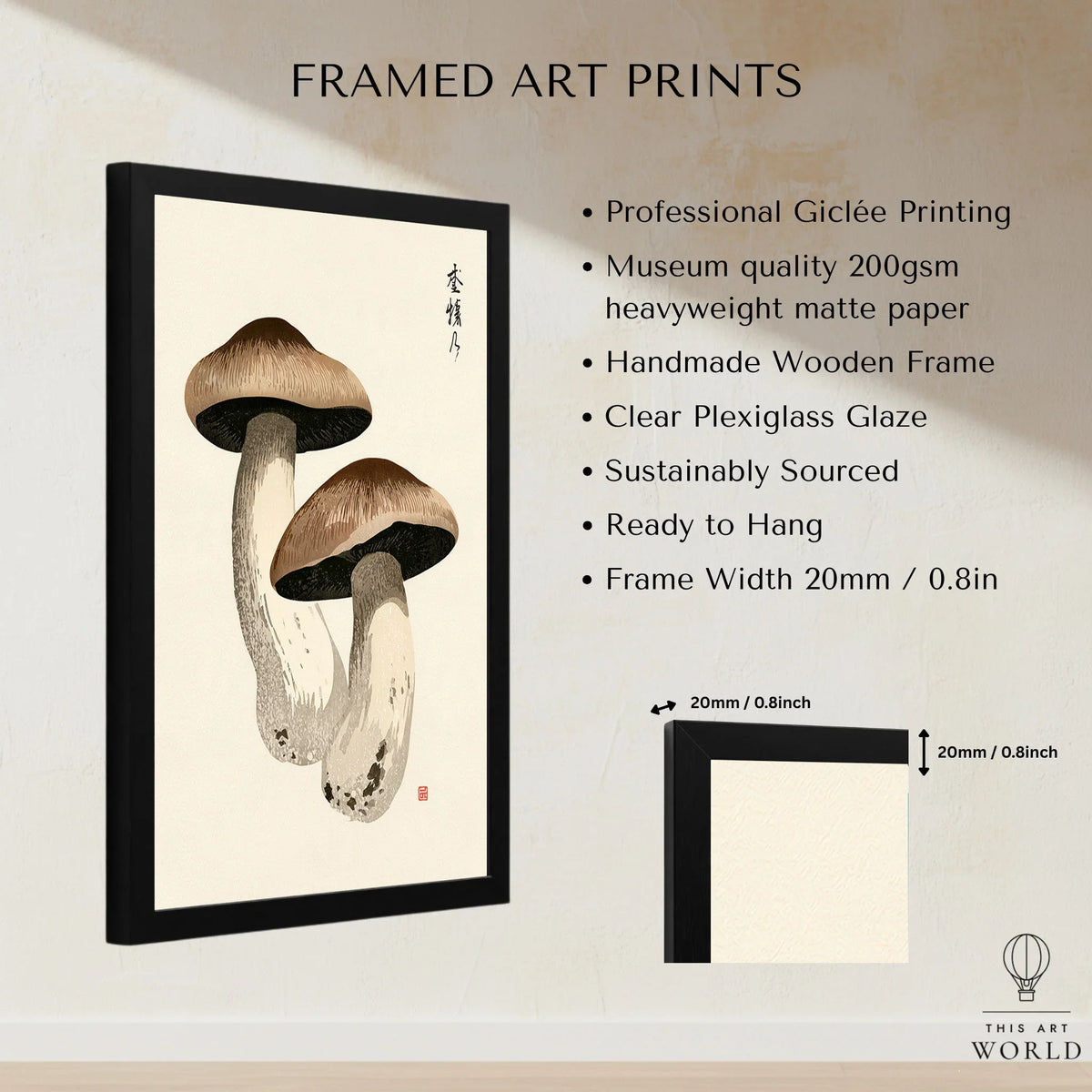 Mushroom Art Print – Vintage Japanese Botanical Wall Art — framed print details measurements quality details