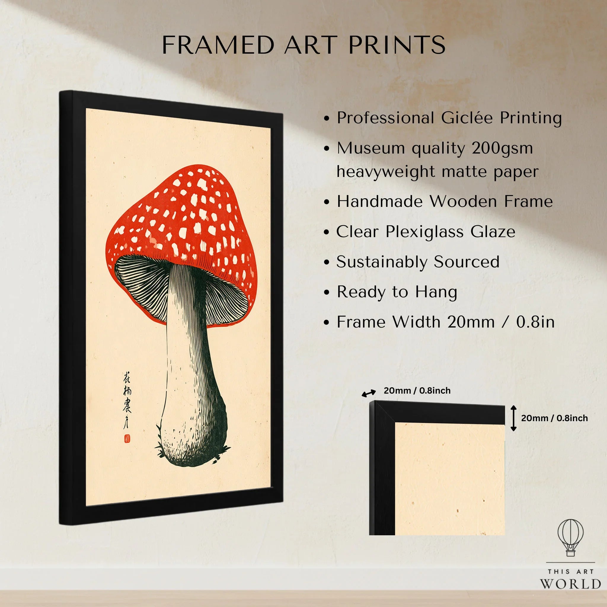 Red Mushroom Art Print – Japanese Woodblock Wall Art — framed print details measurements quality details