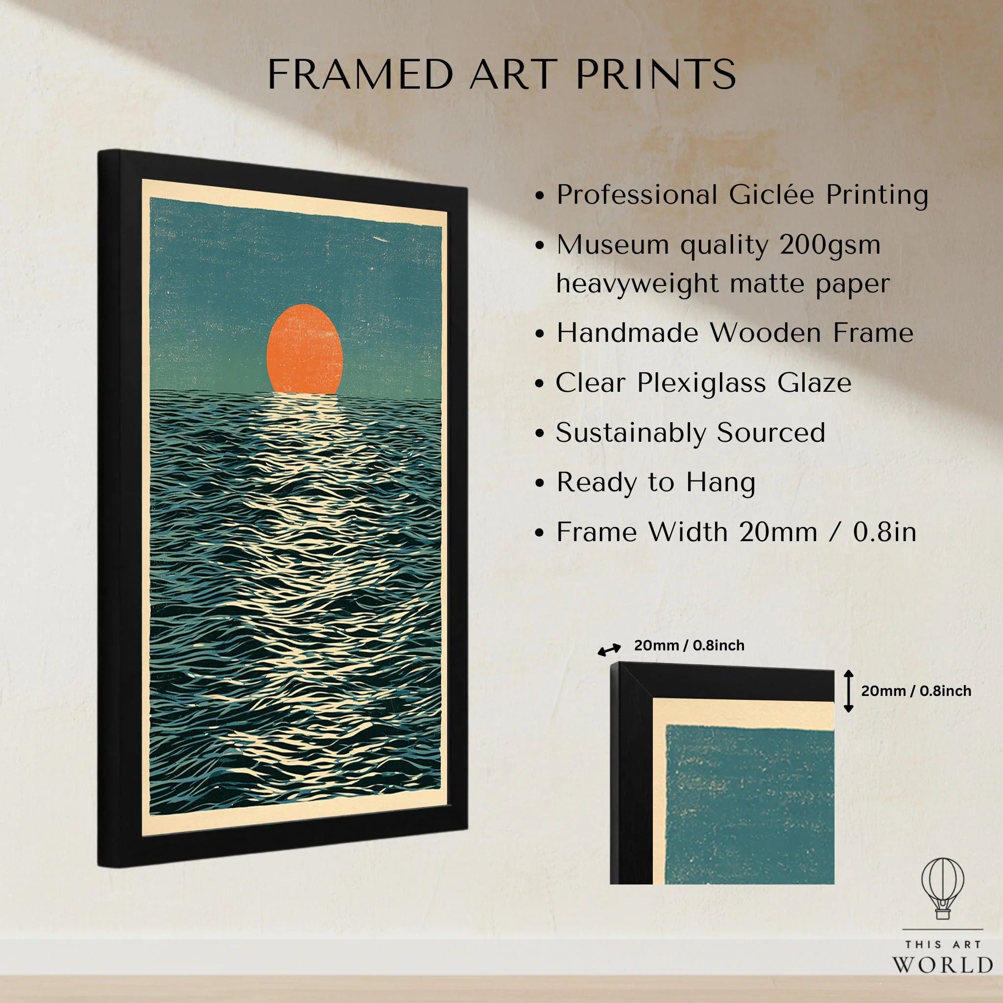 Ocean Sunset Art Print – Japanese Seascape Wall Art — framed print details measurements quality details
