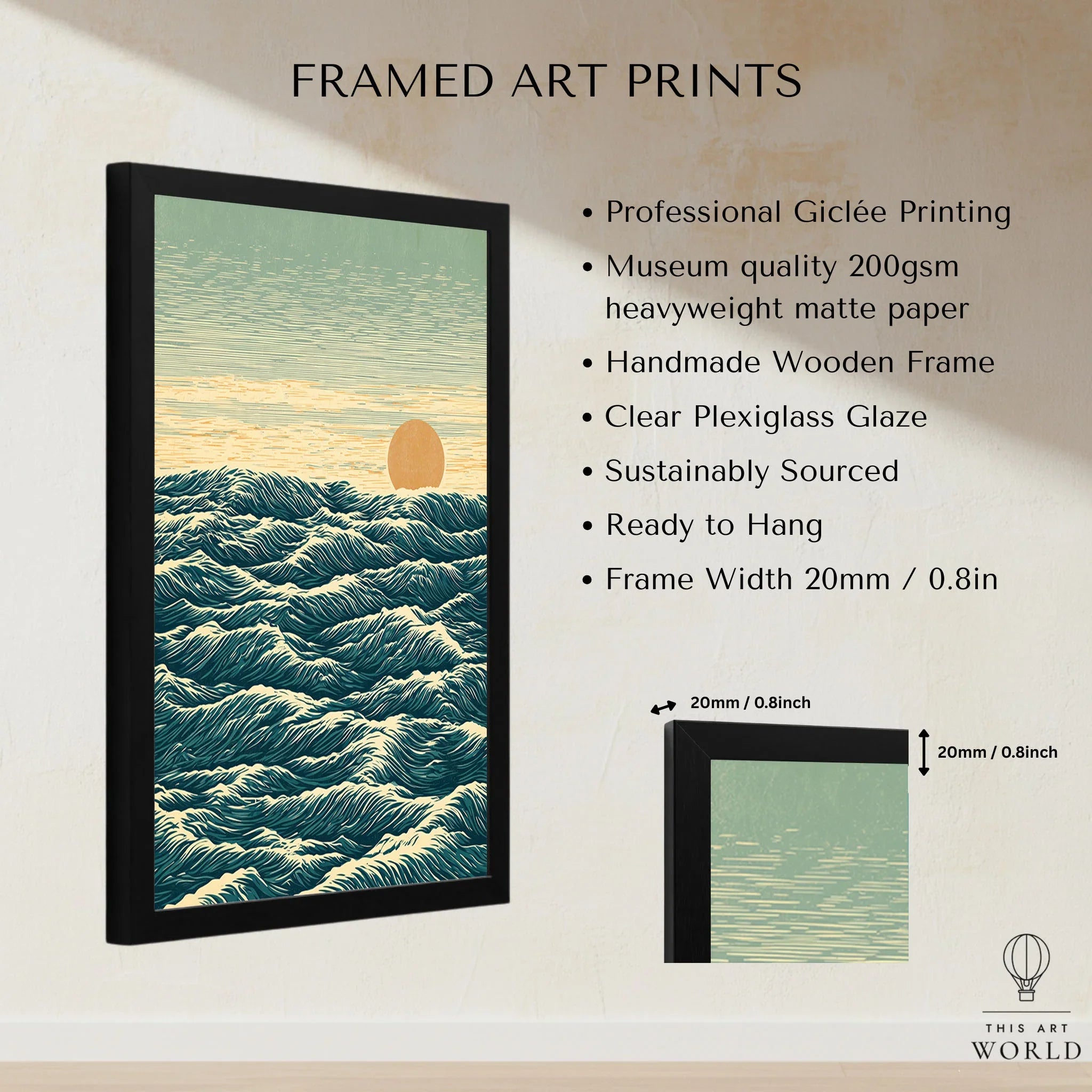 Japanese Ocean Art Print – Vintage Seascape Wall Art — framed print details measurements quality details