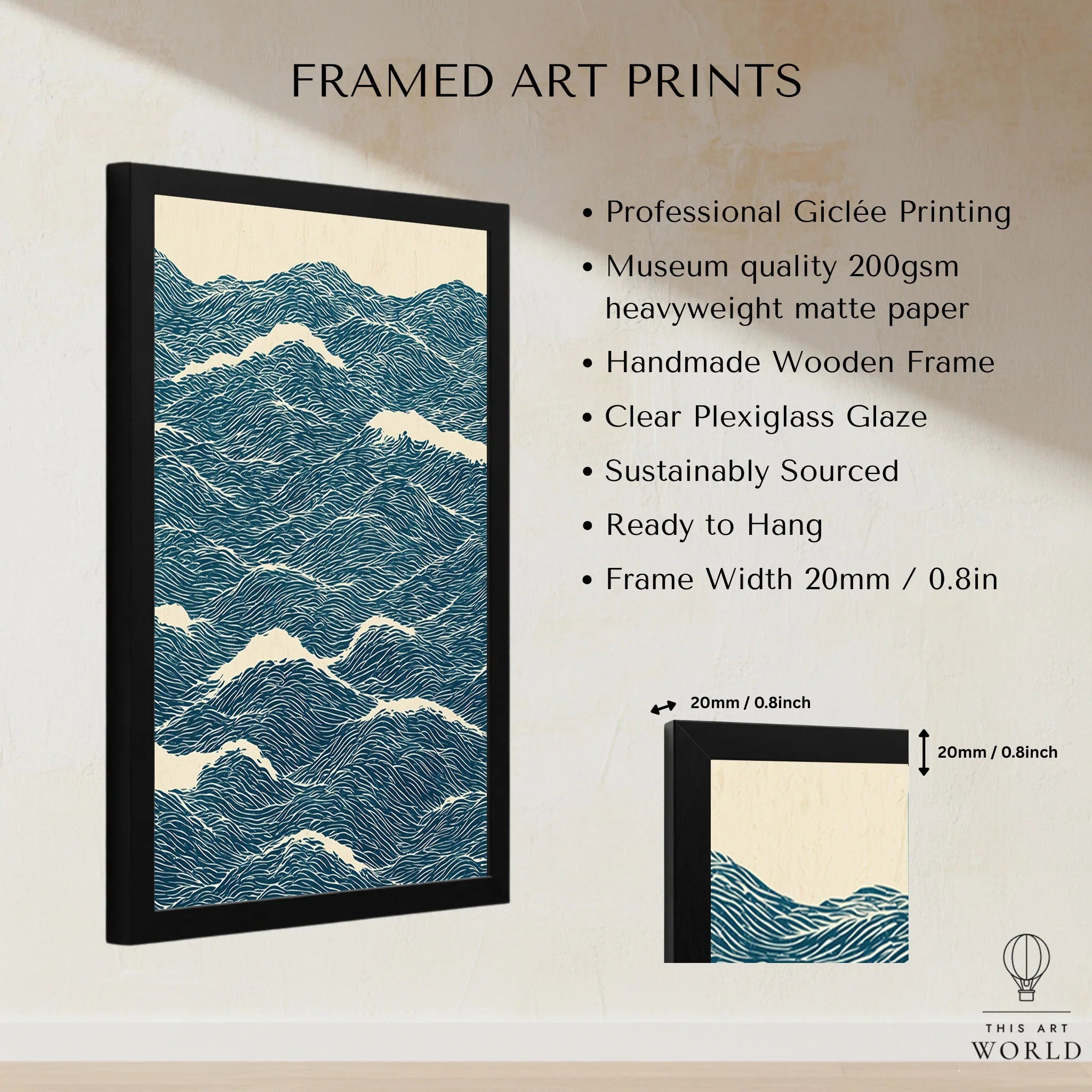 Ocean Waves Art Print – Blue Japanese Seascape Wall Art — framed print details measurements quality details