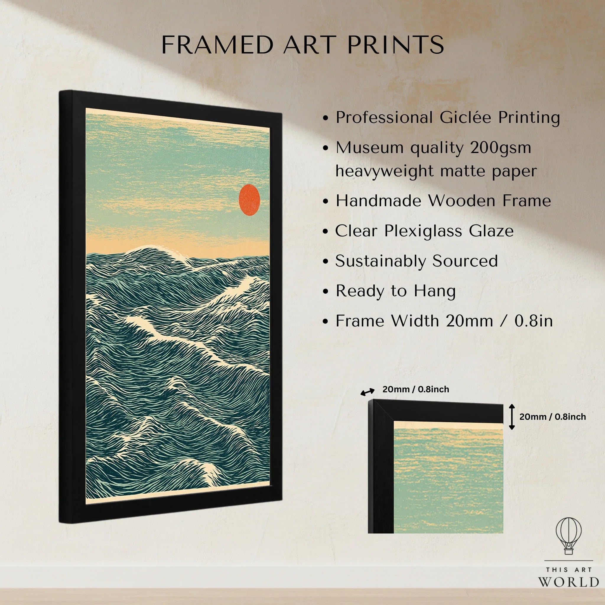 Red Sun Ocean Art Print – Japanese Seascape Wall Art — framed print details measurements quality details