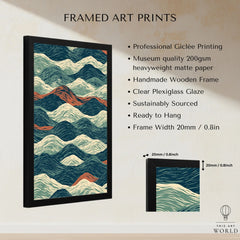 Linocut Style Ocean Art Print – Japanese Wave Pattern Wall Art — framed print details measurements quality details