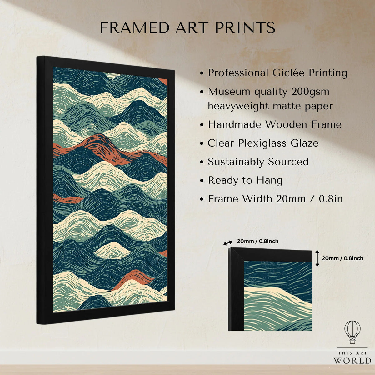 Linocut Style Ocean Art Print – Japanese Wave Pattern Wall Art — framed print details measurements quality details