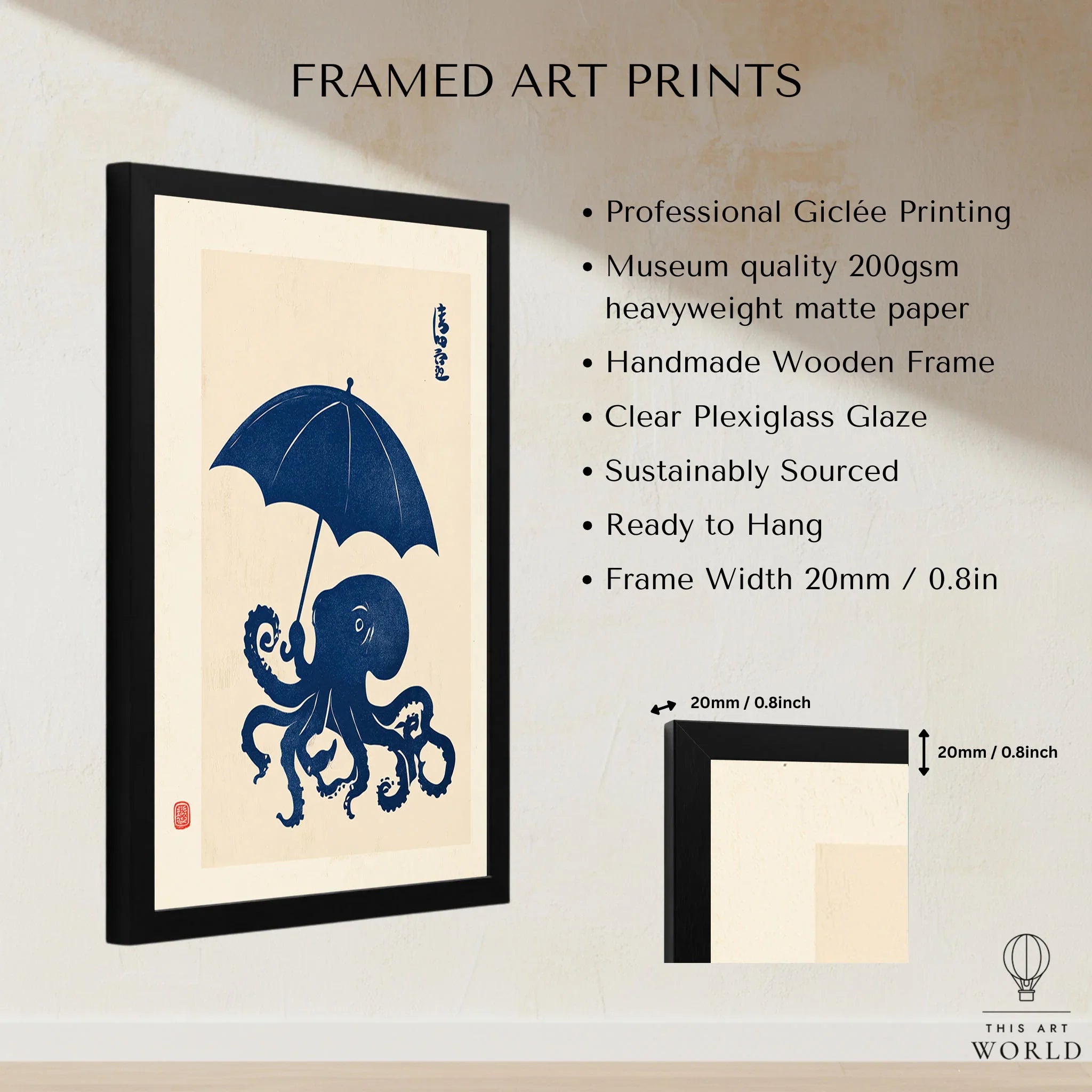 Octopus with Umbrella Art Print – Blue Japanese Wall Art — framed print details measurements quality details