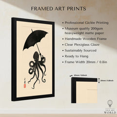Octopus Umbrella Wall Art – Black Japanese Woodblock Print — framed print details measurements quality details