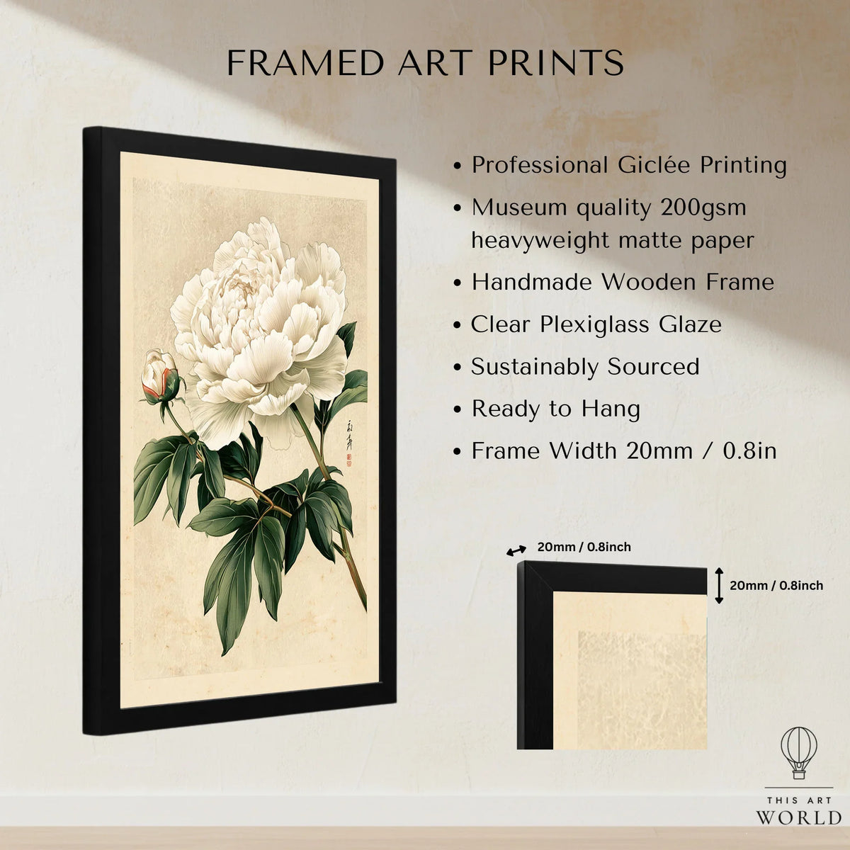 White Peony Art Print – Vintage Japanese Botanical Wall Art — framed print details measurements quality details