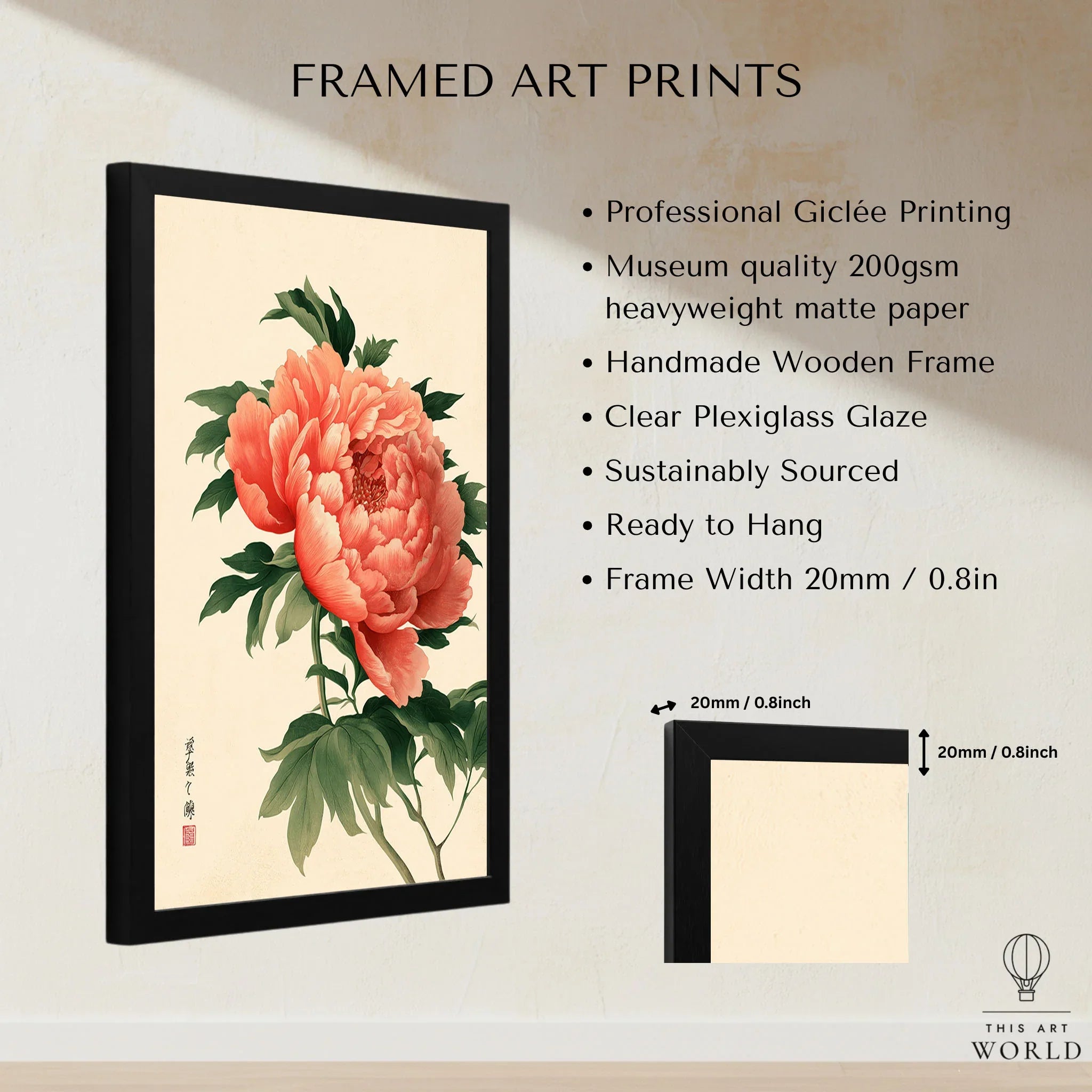 Coral Peony Art Print – Japanese Botanical Wall Art — framed print details measurements quality details